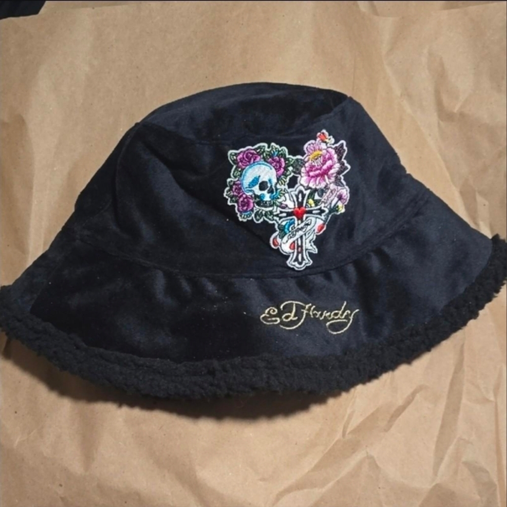 Ed Hardy Black Hat with Floral Skull Embroidery